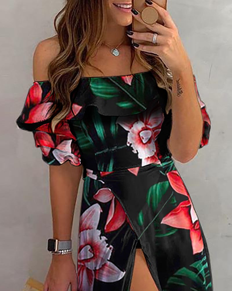 Off Shoulder Floral Print Top & Slit Skirt Sets