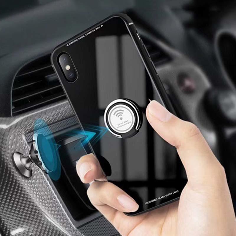 Luxury Tempered Glass Magnetic Ring Holder Case for iPhone