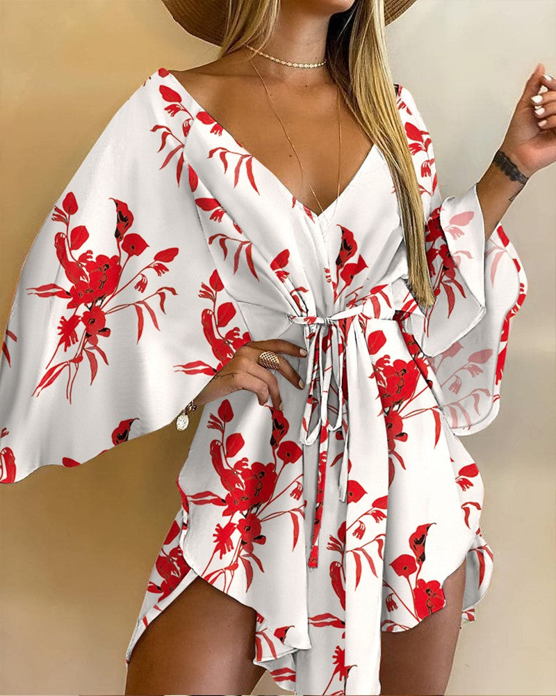 Floral Print V-Neck Asymmetrical Tie Front Mini Dress Casual Summer Dress