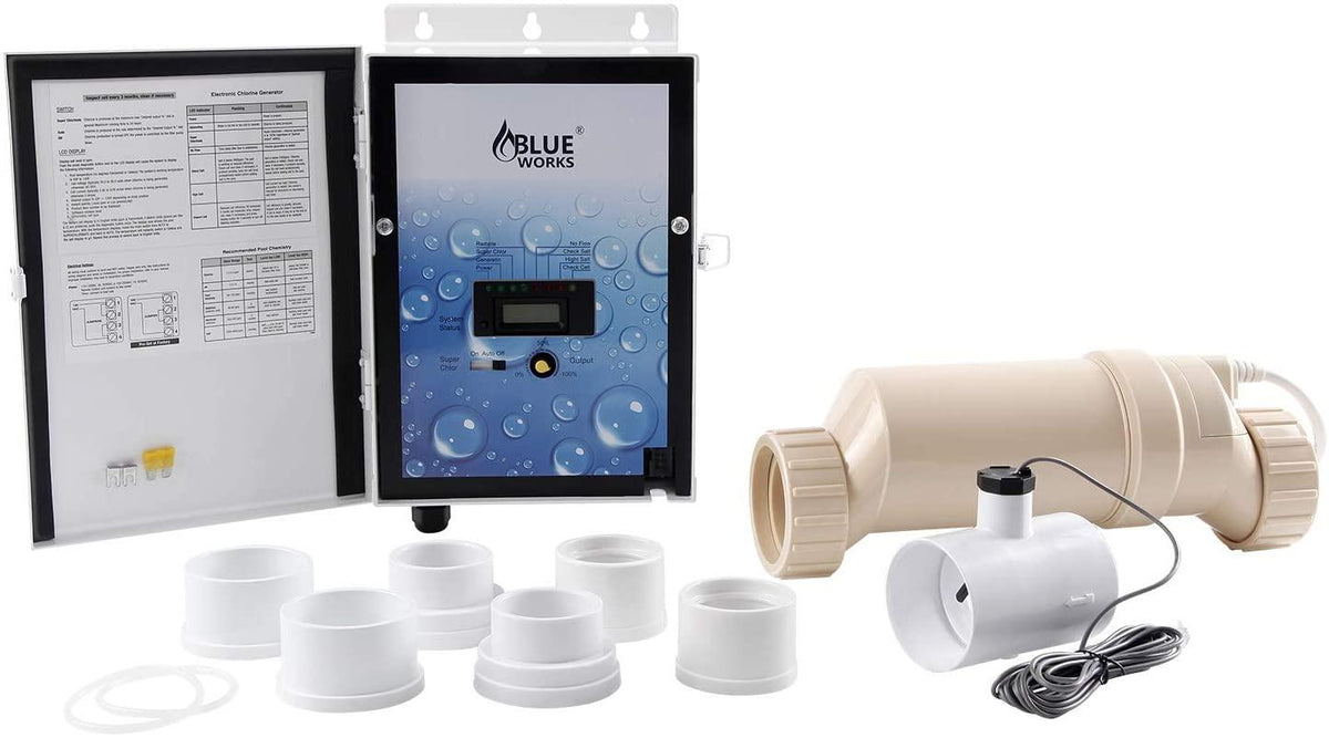 BLUE WORKS Saltwater Generator Chlorinator BLH30 for 25K Gallons Pool with Flow Switch and Salt Cell | Cell Plates Made by USA Manufacturer(Yellow)