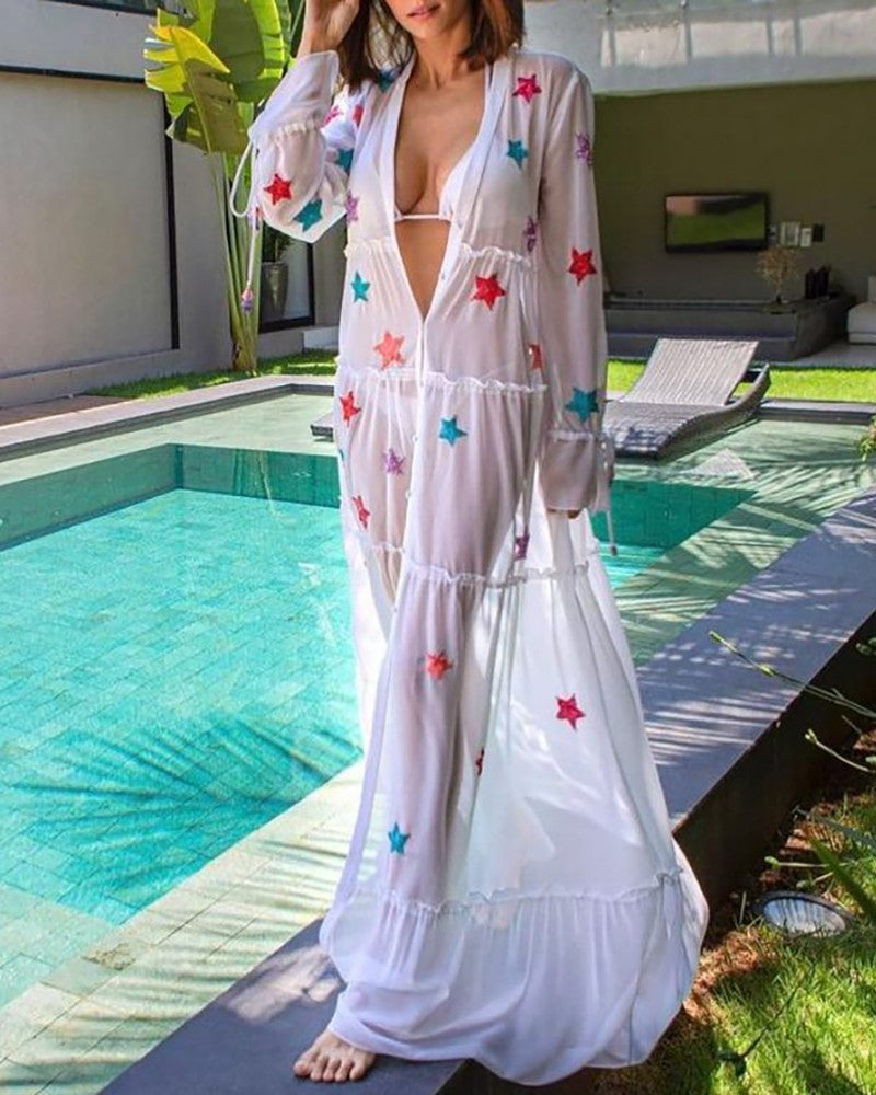 Star Print Mesh Frill Hem Cover Up Dress