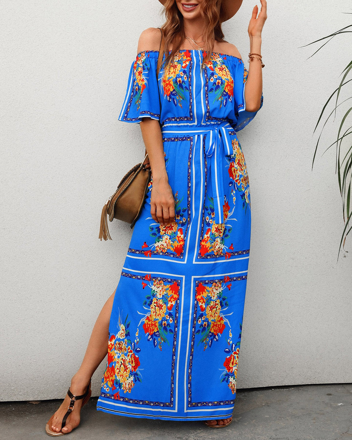 Off Shoulder High Slit Bell Sleeve Floral Print Maxi Dress