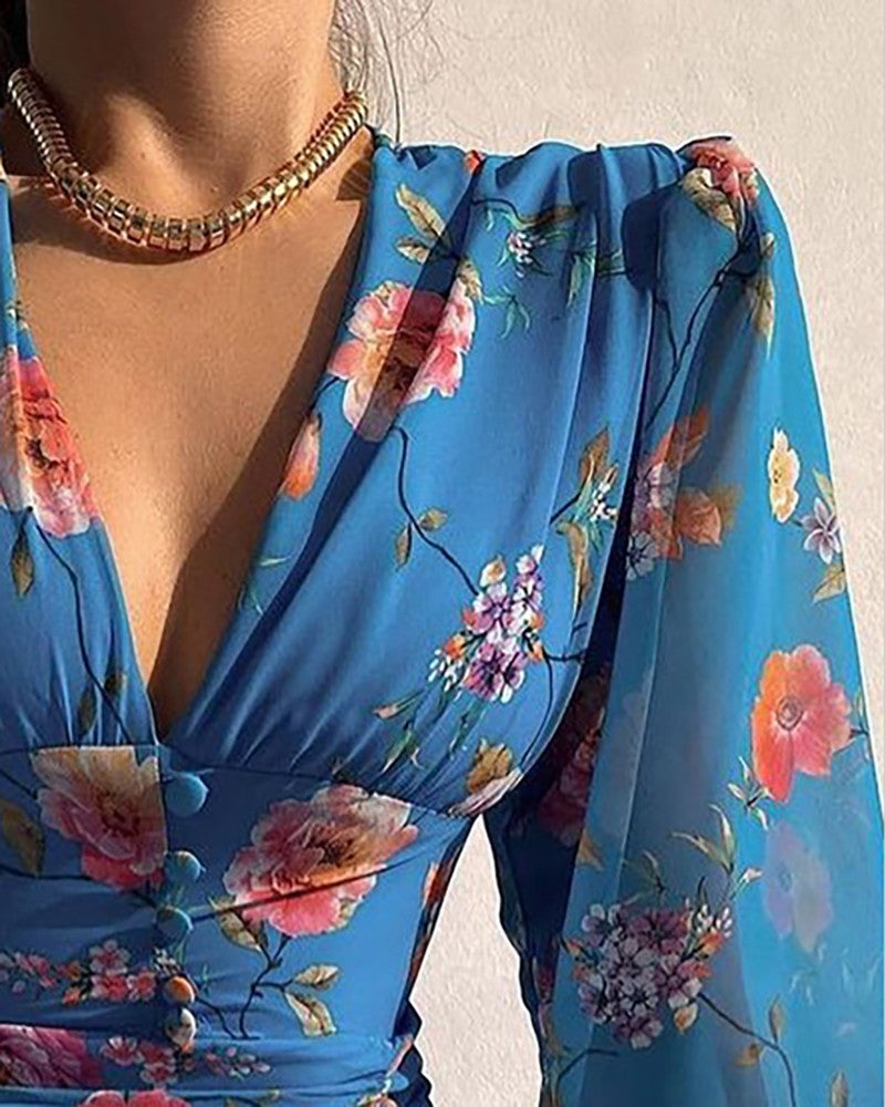 Puff Lantern Sleeve Floral Print Ruched Bodycon Dress