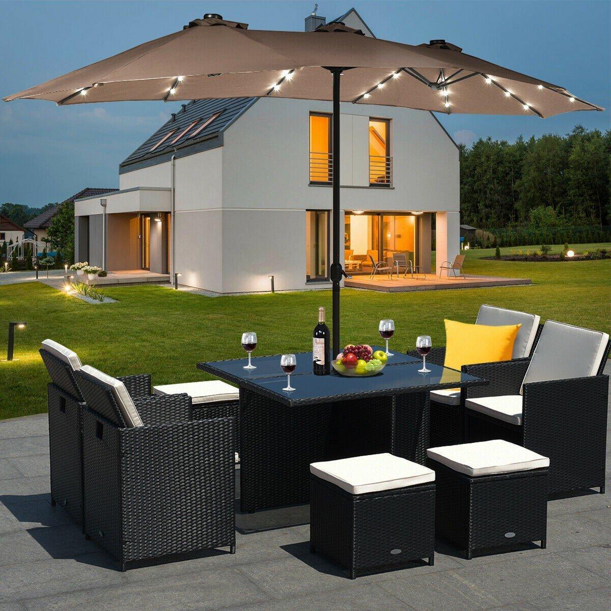 15 Ft Solar LED Patio Double-sided Umbrella Market Umbrella without Weight Base