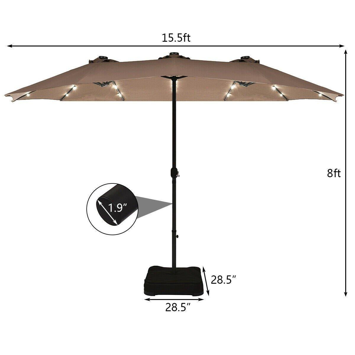 15 Ft Solar LED Patio Double-sided Umbrella Market Umbrella without Weight Base