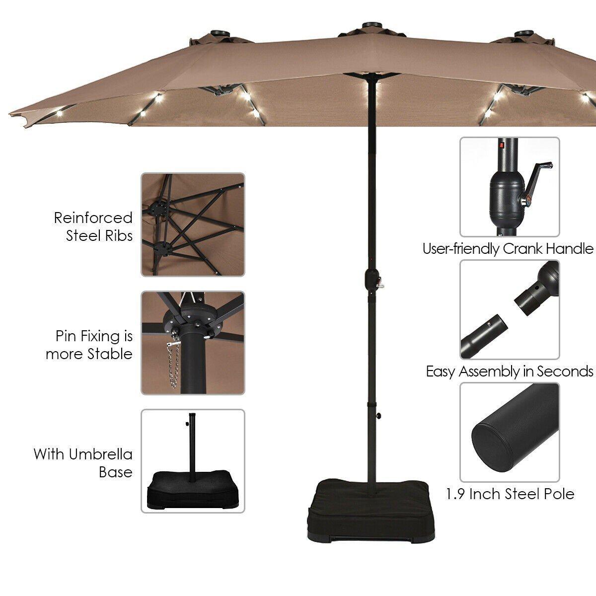 15 Ft Solar LED Patio Double-sided Umbrella Market Umbrella without Weight Base