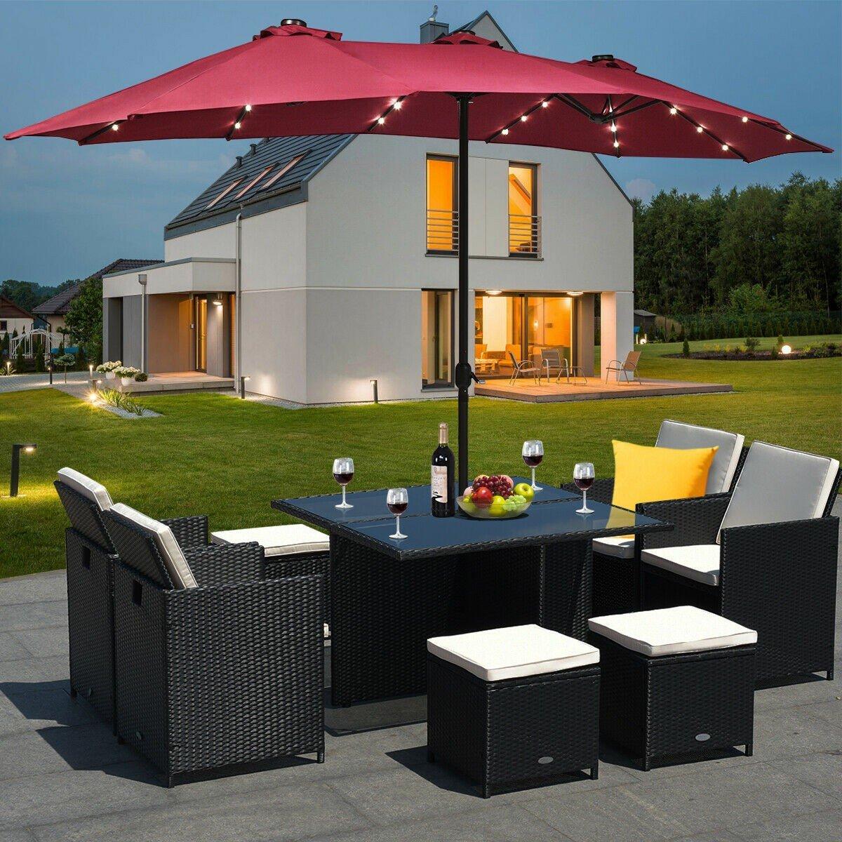 15 Ft Solar LED Patio Double-sided Umbrella Market Umbrella without Weight Base
