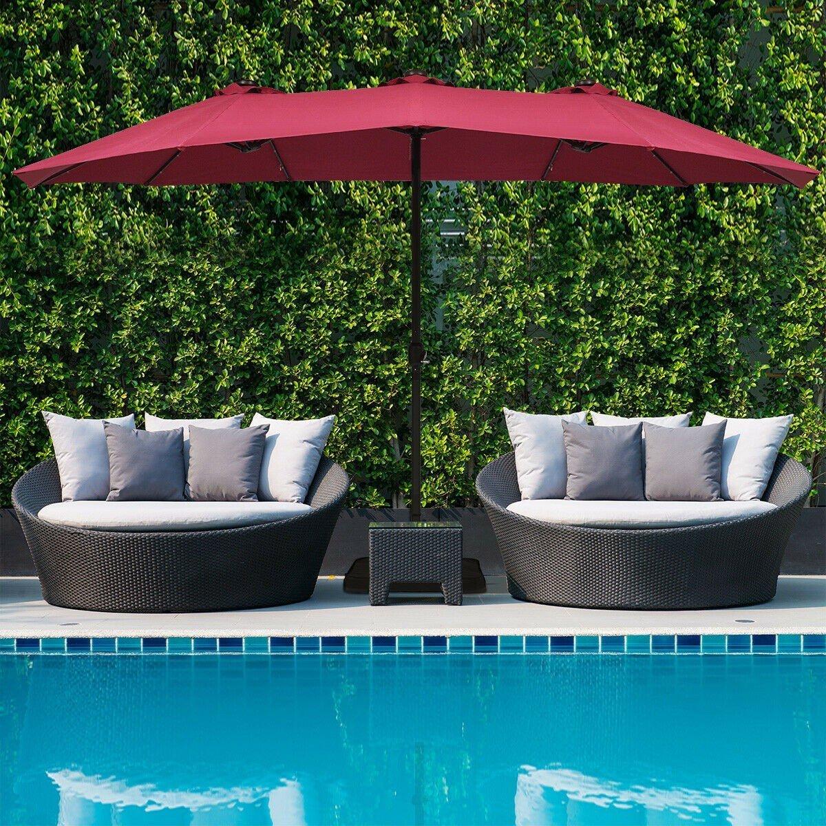 15 Ft Solar LED Patio Double-sided Umbrella Market Umbrella without Weight Base