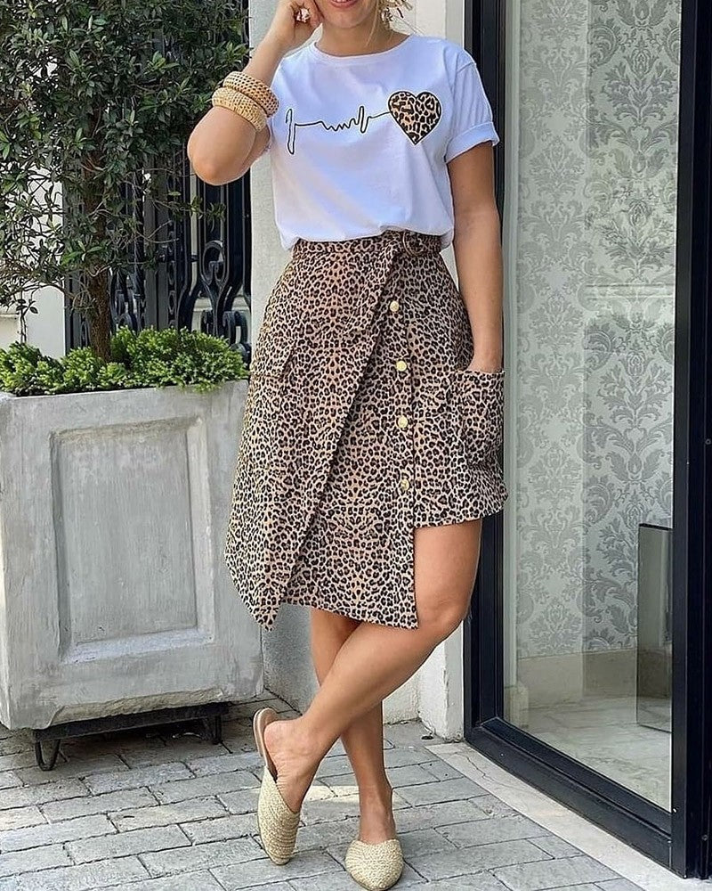 Heart Cheetah Print Top & Buttoned Asymmetrical Skirt Set