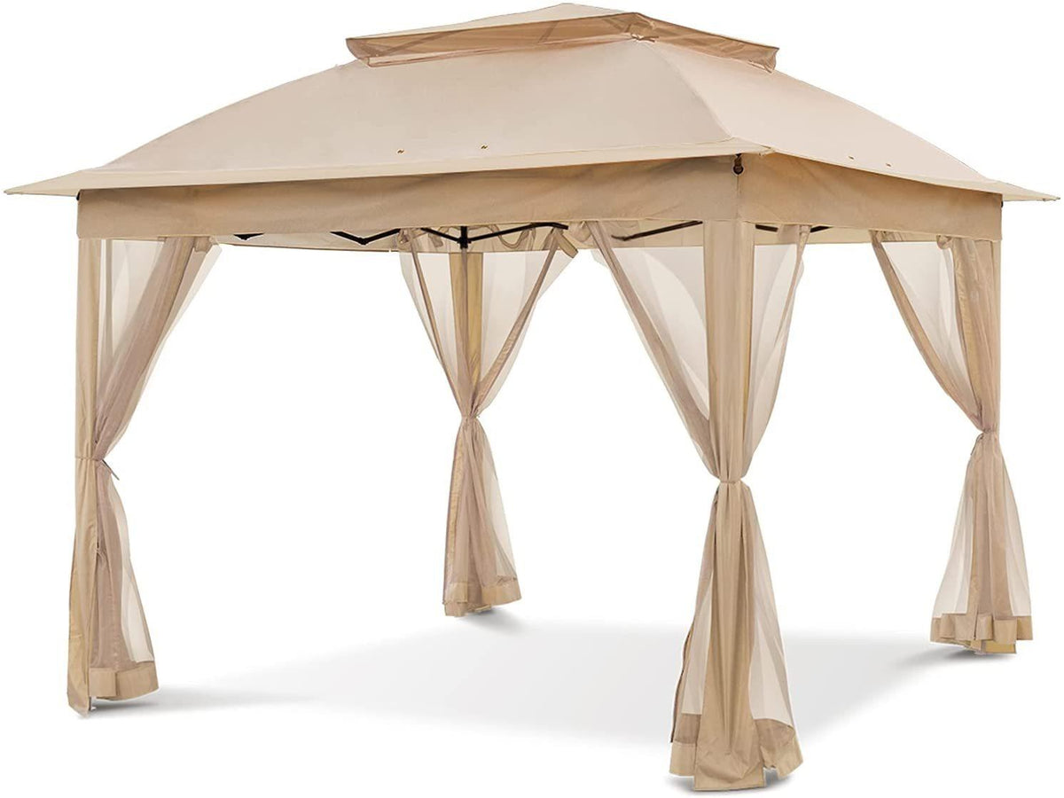 11'x11' Khaki Outdoor 2-Tier Vented Canopy Steel Gazebo BBQ Party Tent
