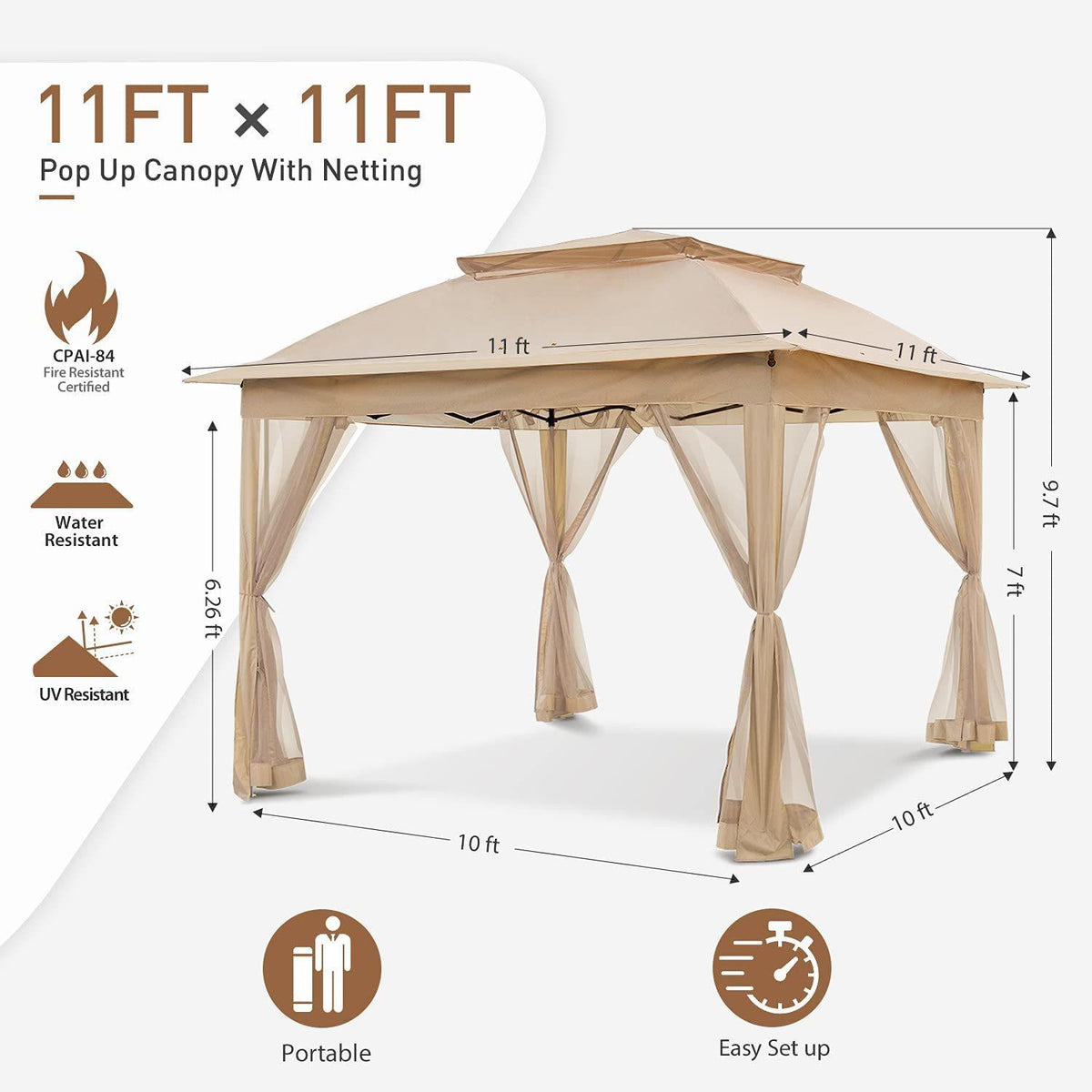 11'x11' Khaki Outdoor 2-Tier Vented Canopy Steel Gazebo BBQ Party Tent