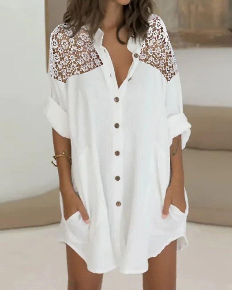 Crochet Lace Patch Buttoned Shirt Dress