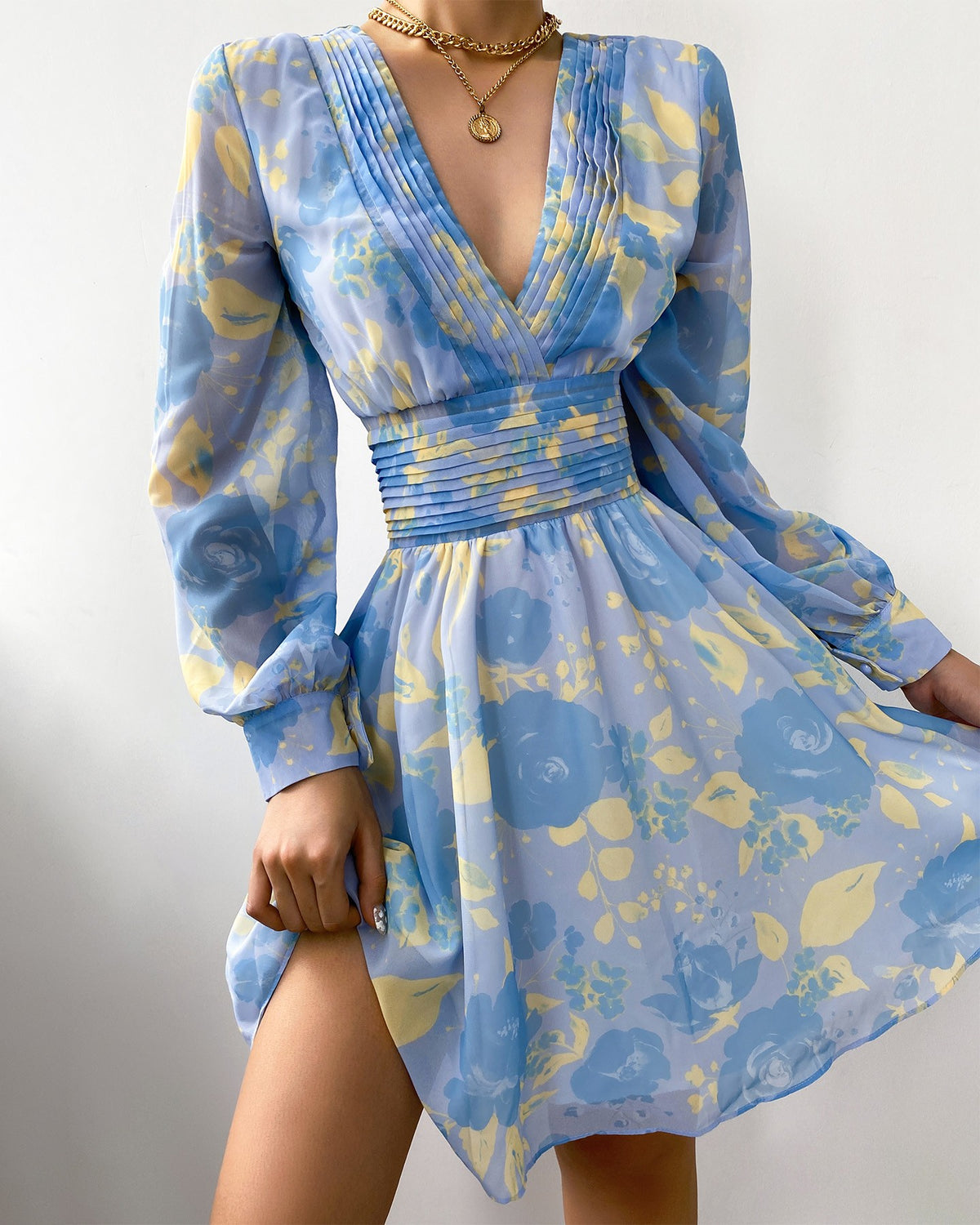 Floral Print V-Neck Long Sleeve Dress
