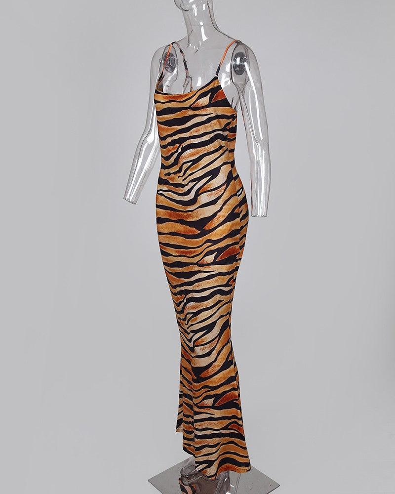 Tiger Print Square Neck Spaghetti Strap Maxi Dress