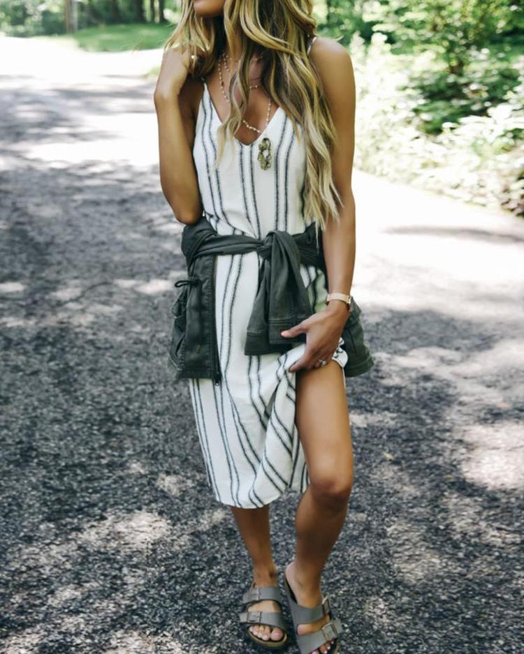 Deep V Striped Print Slit Side Casual Women Dress