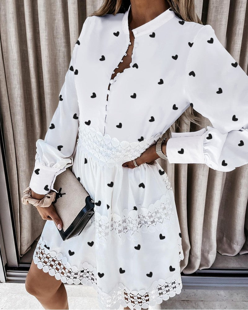 Lace Patch Heart Print Lantern Sleeve Shirt Dress