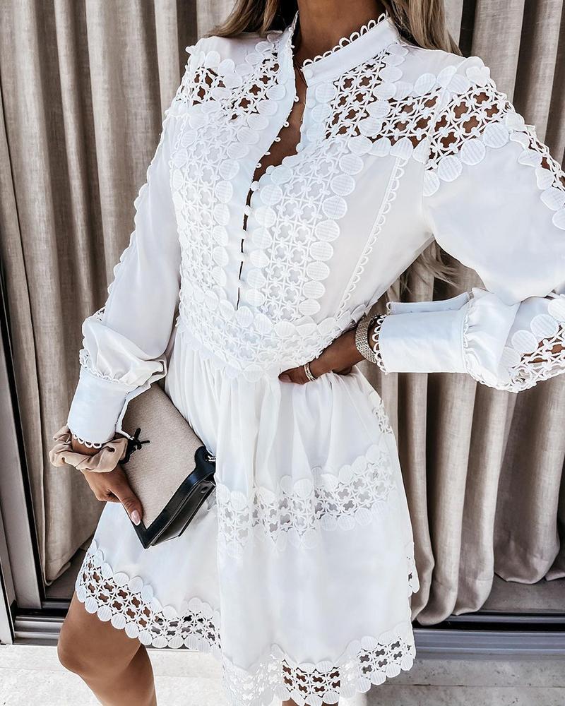 Hollow Out Plain Long Sleeve Shirt Dress