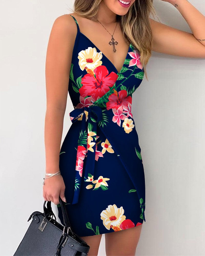 Floral Print V-Neck Wrap Tie Side Cami Dress Sleeveless Slim Elegant Mini Dress