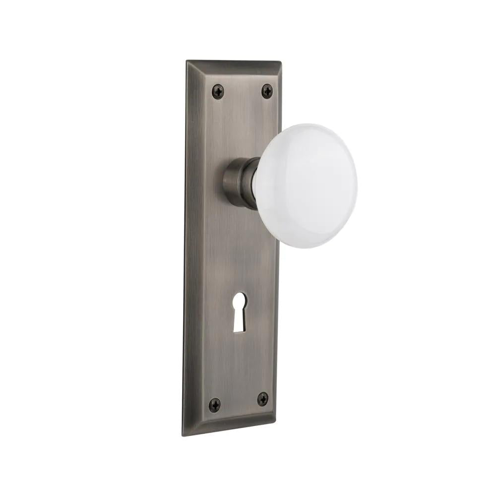 York Plate with Keyhole 2-3/8 in. Backset Antique Pewter Privacy Bed/Bath White Porcelain Door Knob