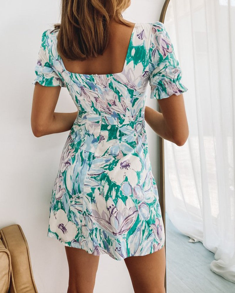 Floral Print Short Sleeve Cut-out ny Women Dress
