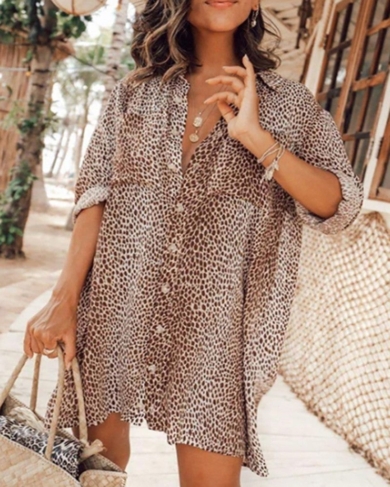 Cheetah Print Button Front Women Shirt Dress