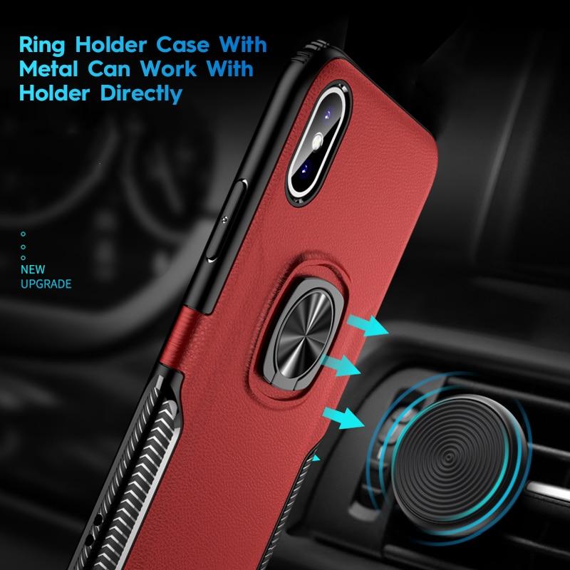 Phone Case - Luxury Litchi Leather Metal Ring Holder Phone Case For iPhone XS/XR/XS Max 8/7 Plus