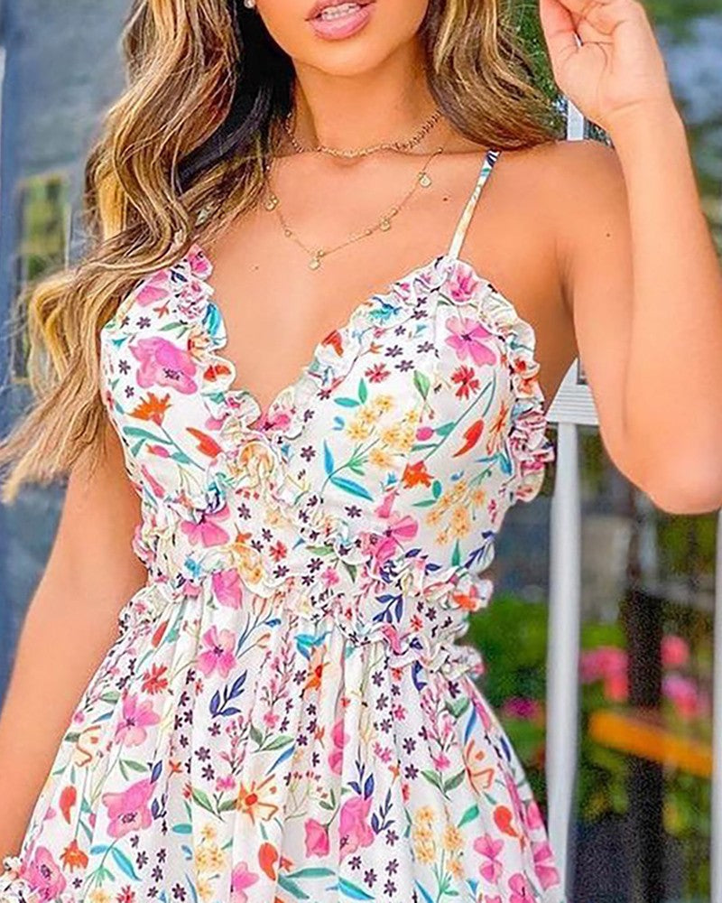 Spaghetti Strap Floral Print Frill Hem Dress