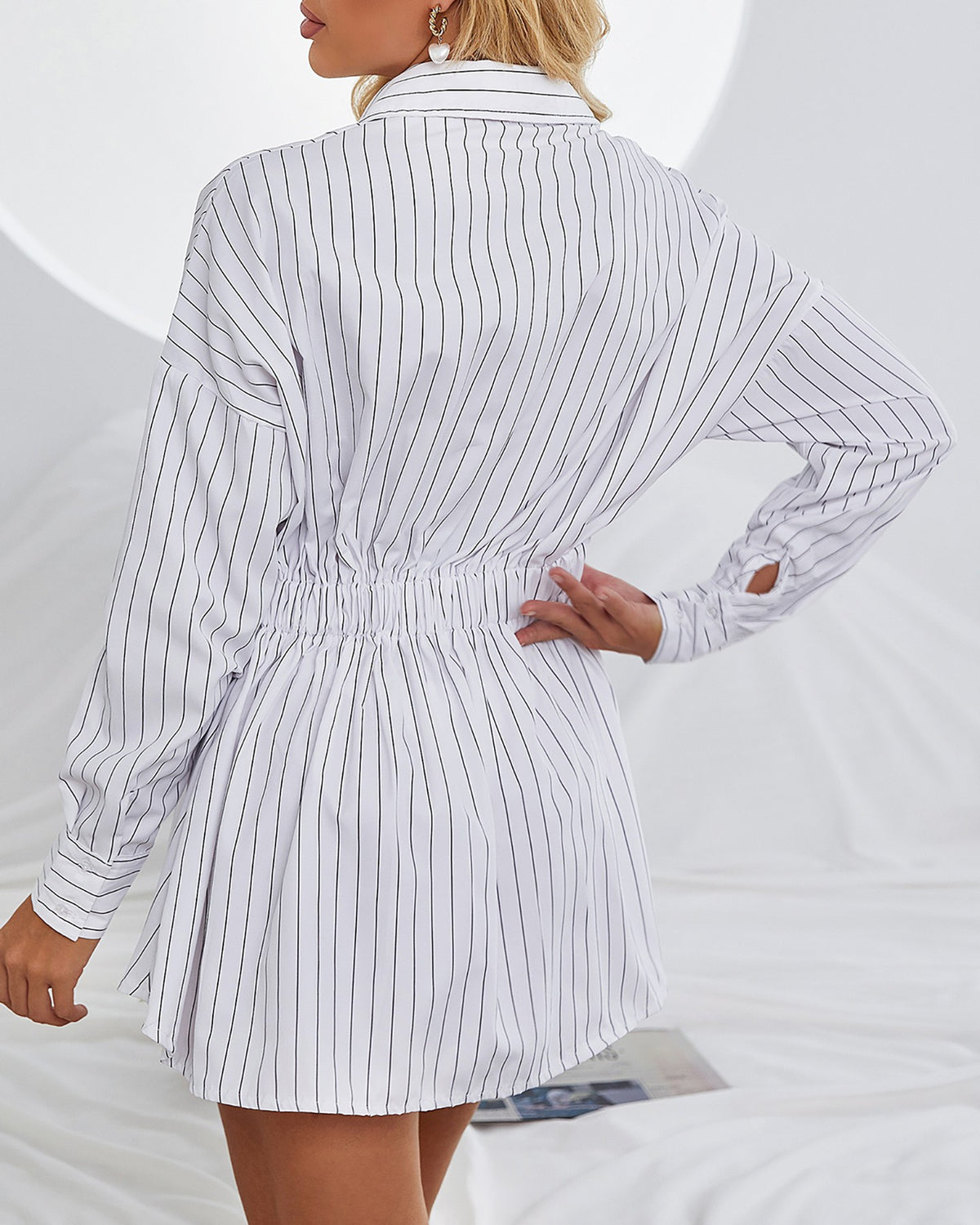 Striped Print Long Sleeve Shirt Dress