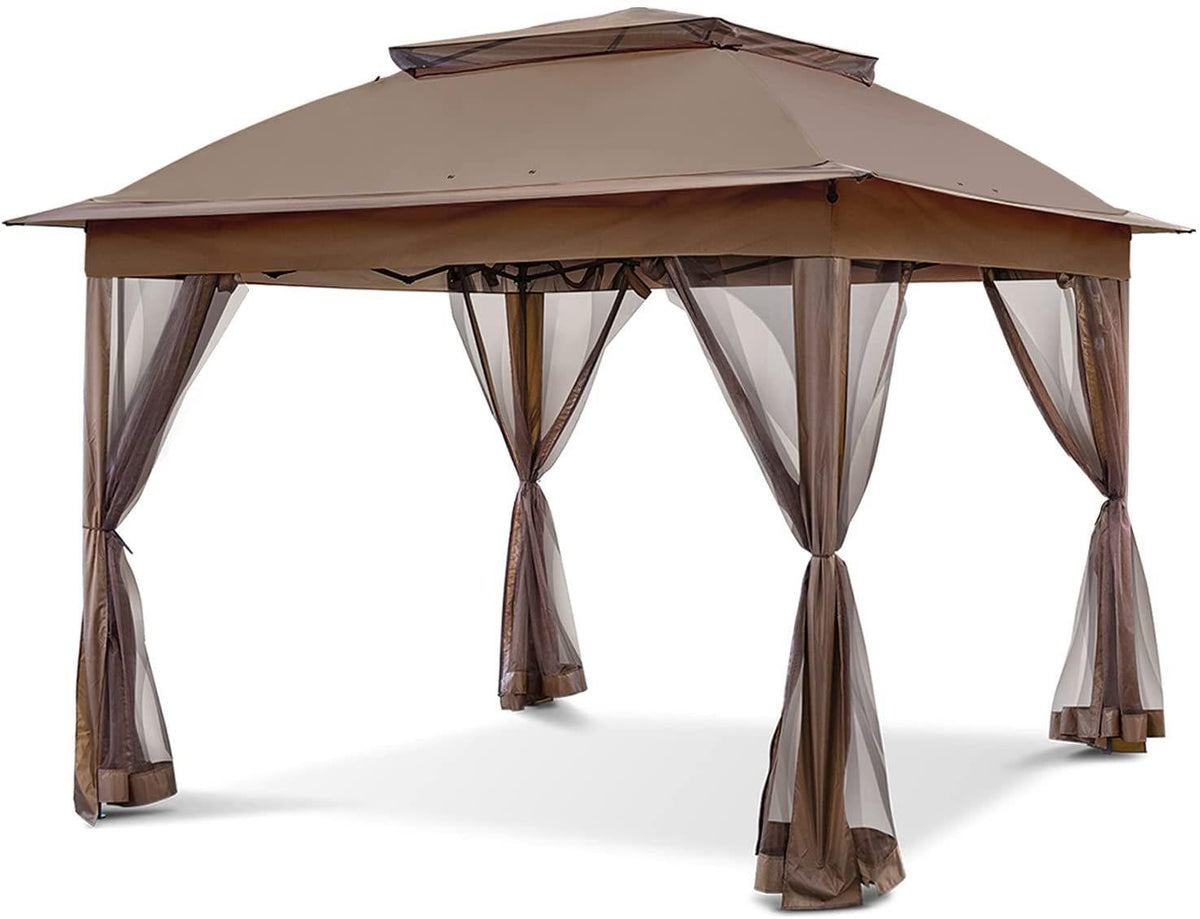 11'x11' Brown Outdoor 2-Tier Vented Canopy Steel Gazebo BBQ Party Tent