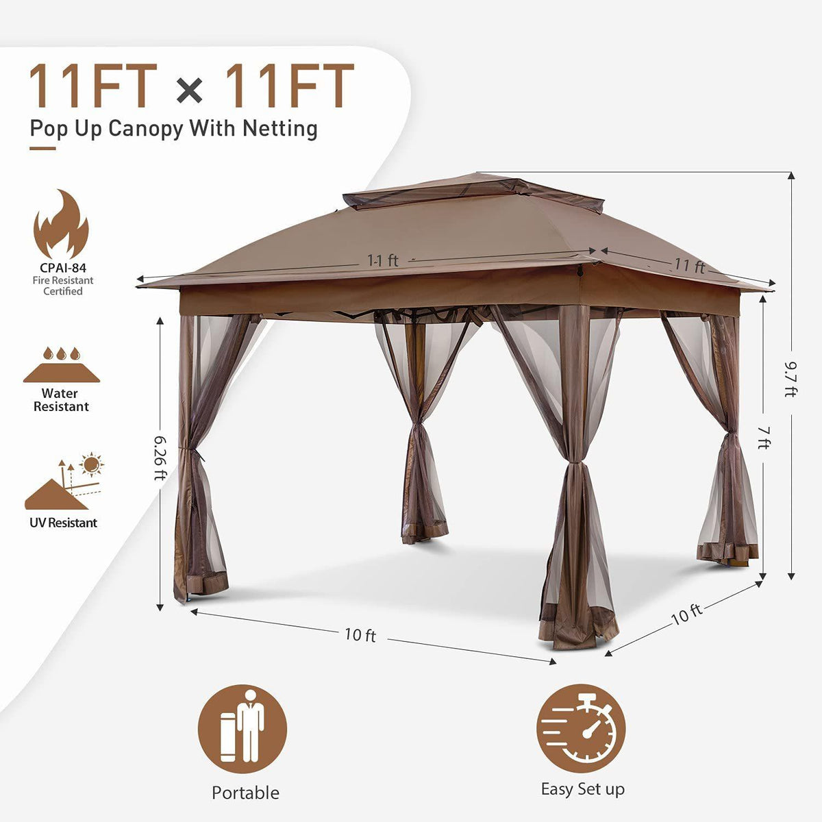 11'x11' Brown Outdoor 2-Tier Vented Canopy Steel Gazebo BBQ Party Tent