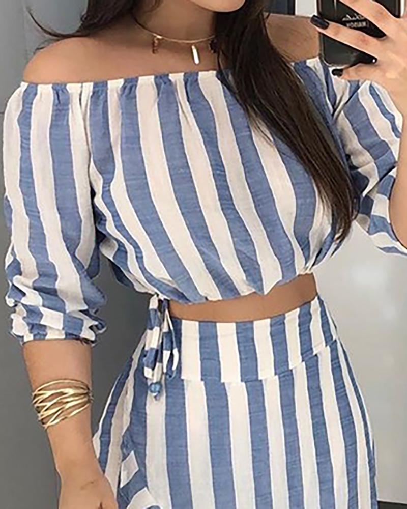 Striped Off Shoulder Top & Ruffles Skirt Sets