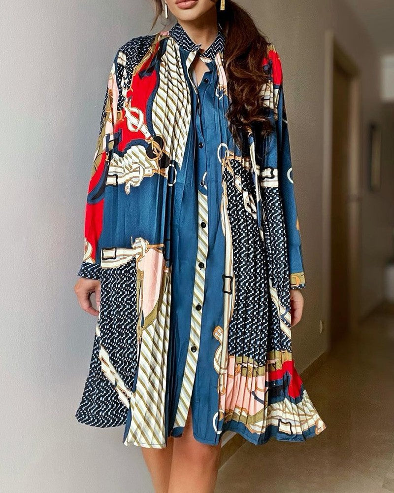Chain Print Long Sleeve Ruched Shirt Dress