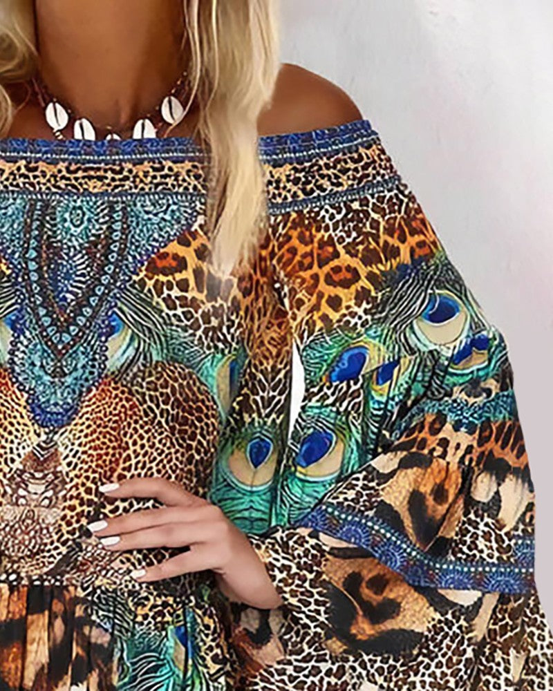 Off Shoulder Animal / Leopard Print Long Sleeve Dress Casual Loose Summer Vacation Dress