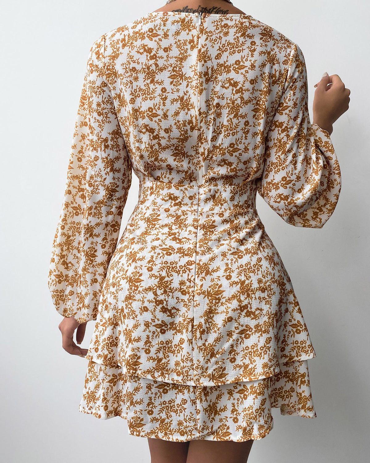 V-neck Floral Print Long Sleeve Dress