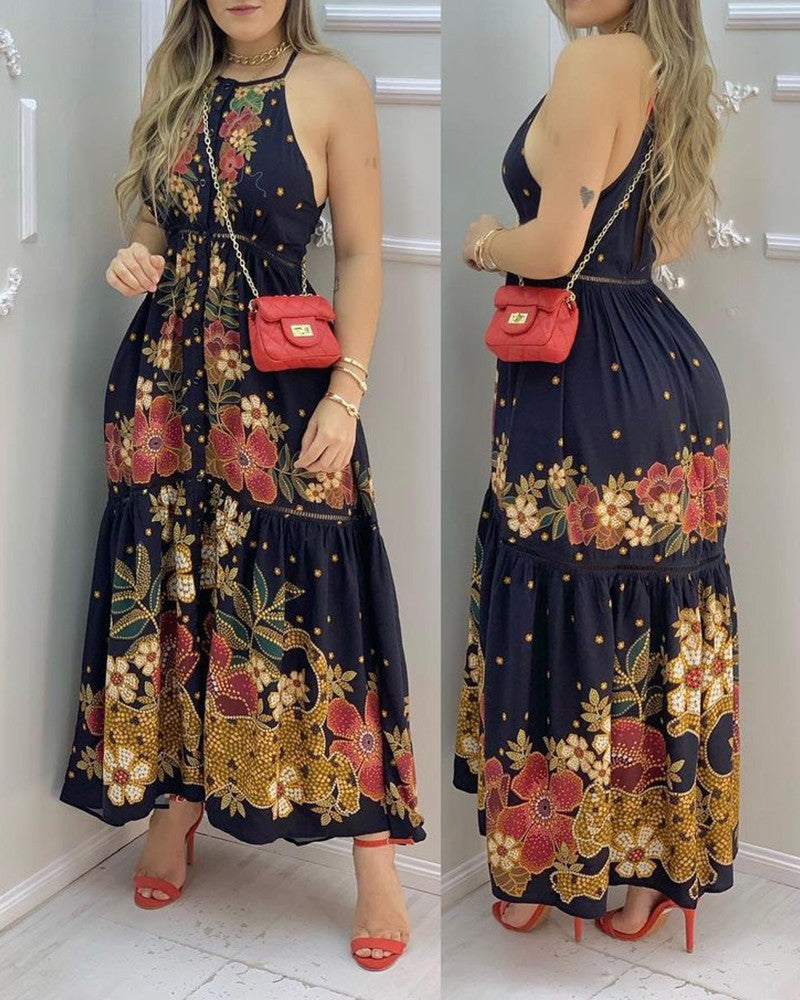 Floral Print Sleeveless Maxi Women Dress