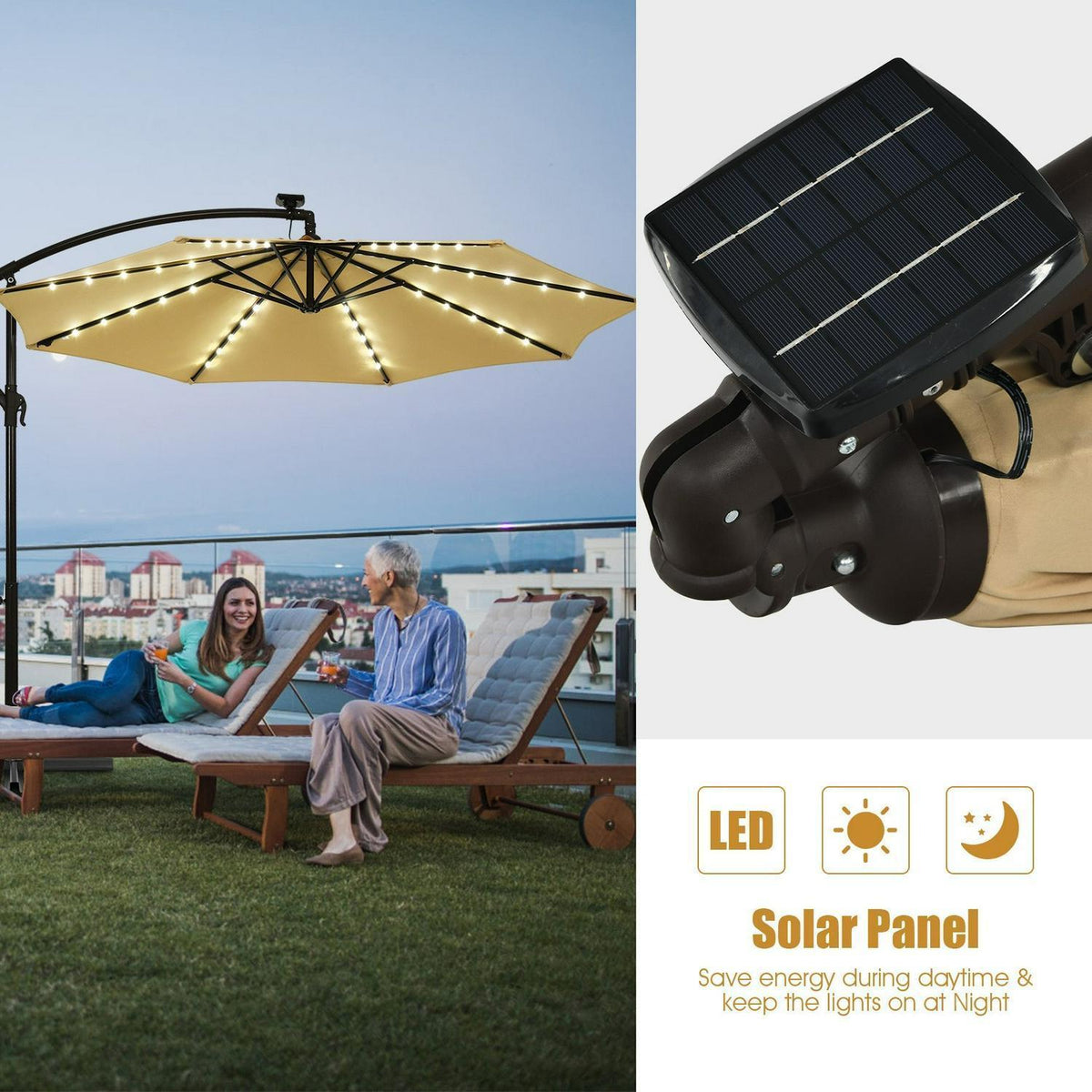 10 Ft Patio Solar LED Offset Umbrella with 40 Lights and Cross Base