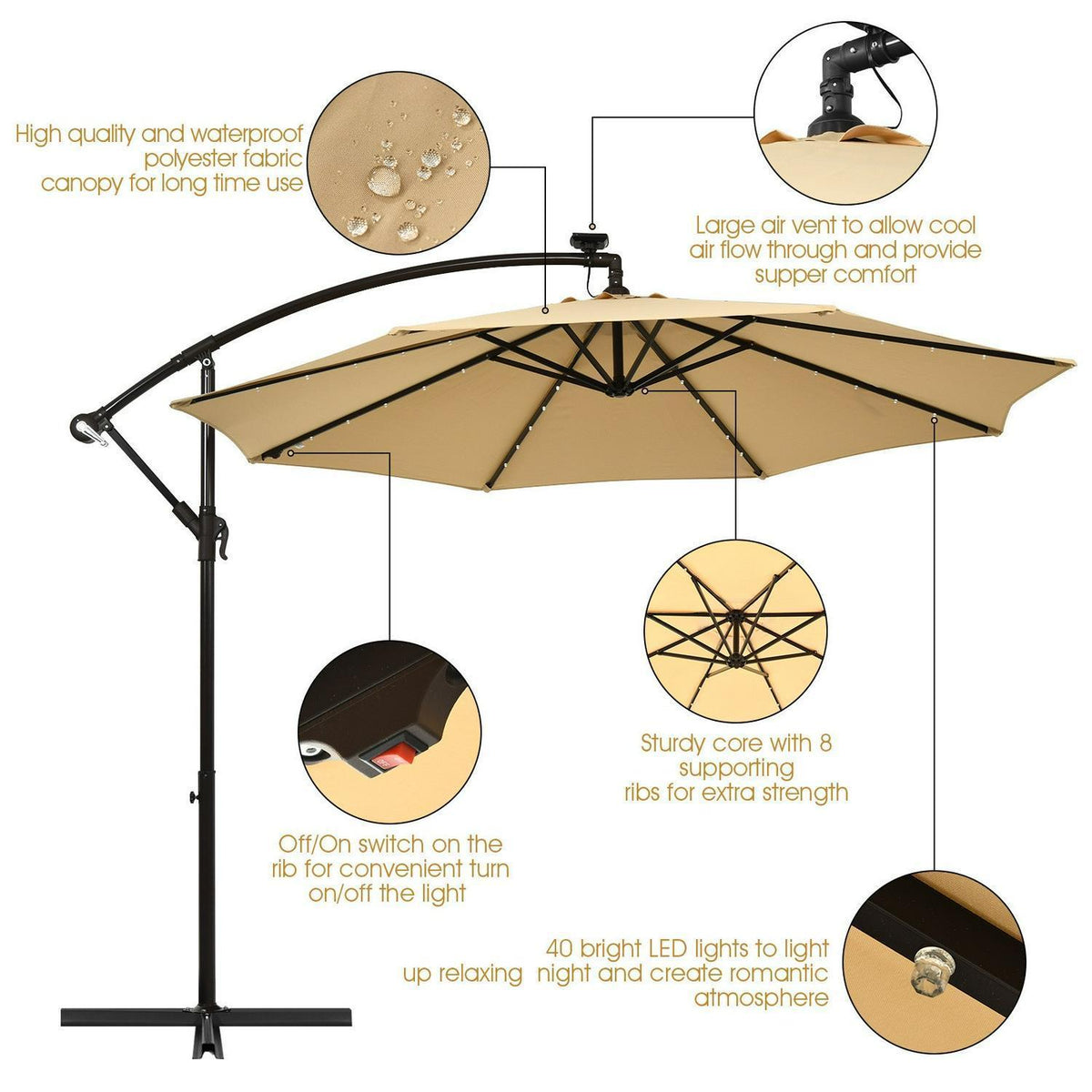 10 Ft Patio Solar LED Offset Umbrella with 40 Lights and Cross Base