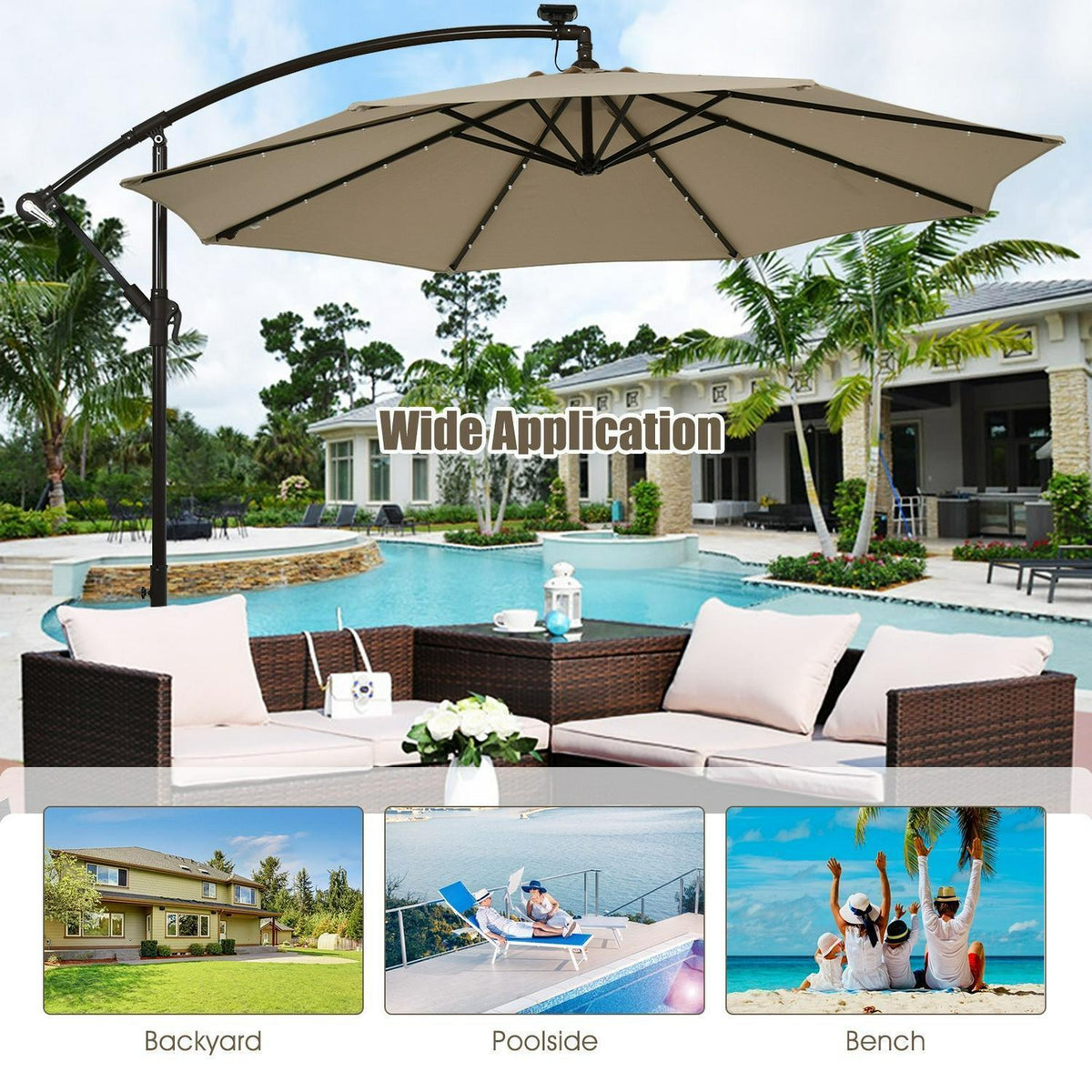 10 Ft Patio Solar LED Offset Umbrella with 40 Lights and Cross Base