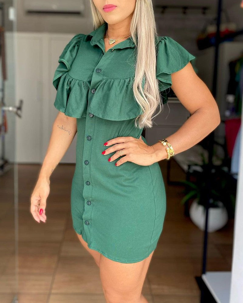 Ruffle Hem Patchwork Button Front Dress