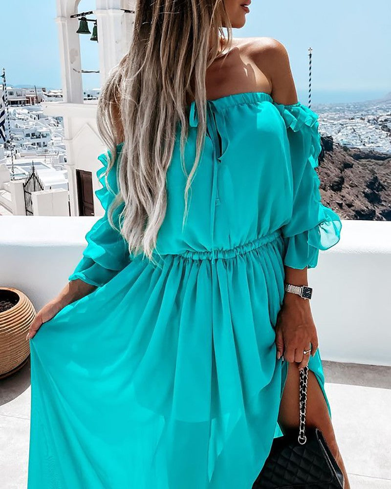 Off Shoulder Ruffle Hem High Slit Maxi Dress
