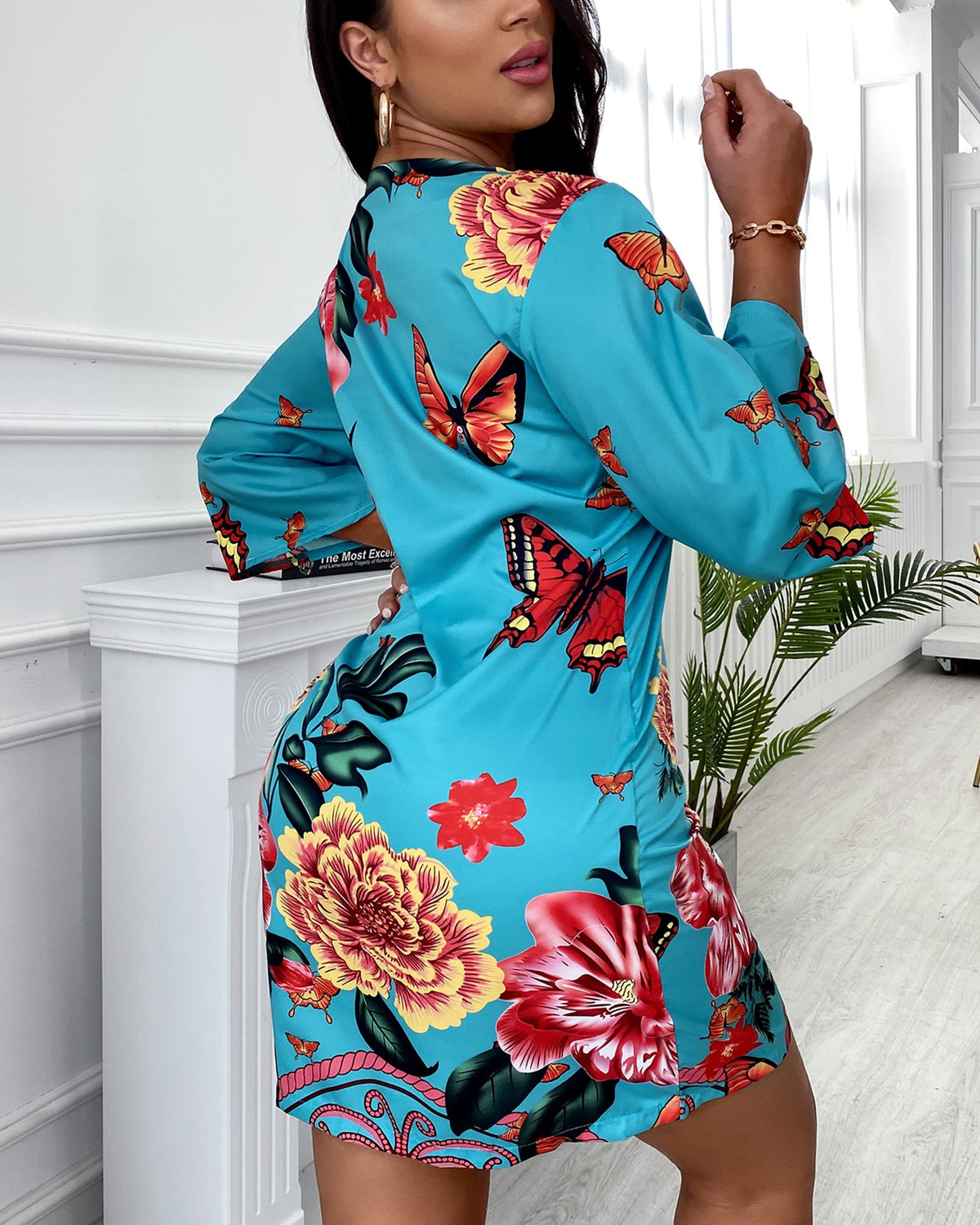 Half Sleeve Butterfly Floral Print Dress