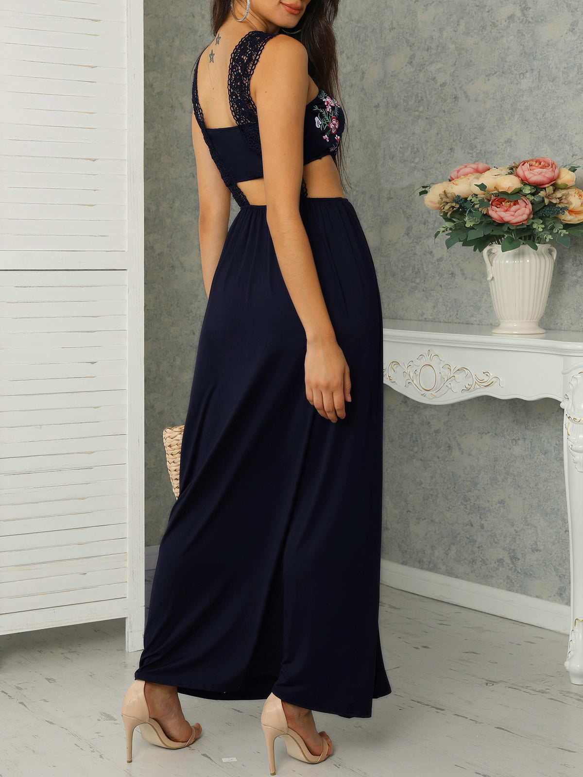 Lace Cut Out Floral Print Pleated Maxi Women Dress