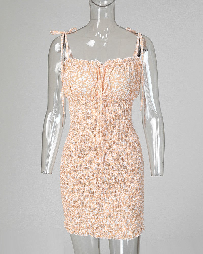 Floral Print Spaghetti Strap Shirring Dress