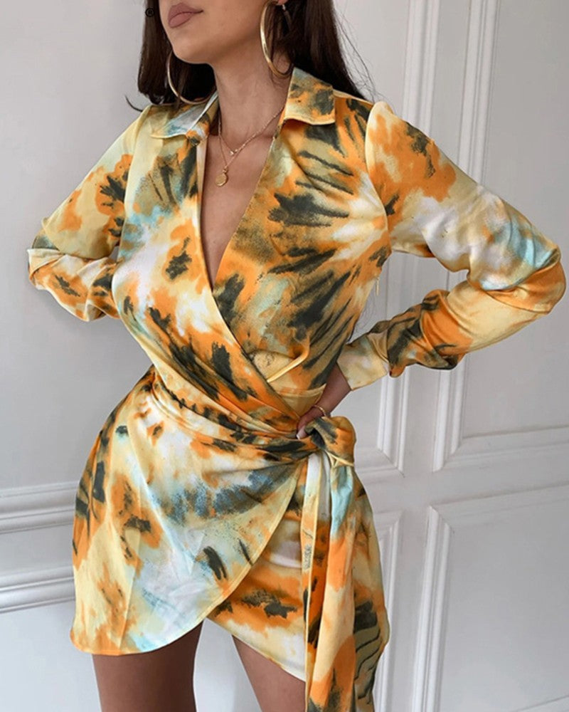 Tie Dye Wrap Tie Side Mini Dress