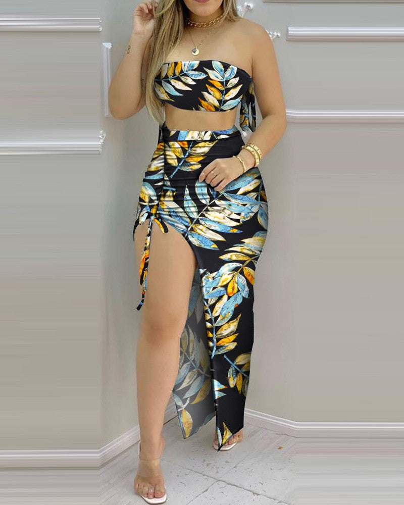 Tropical Print Bandeau Crop Top & Drawstring High Slit Skirt Sets