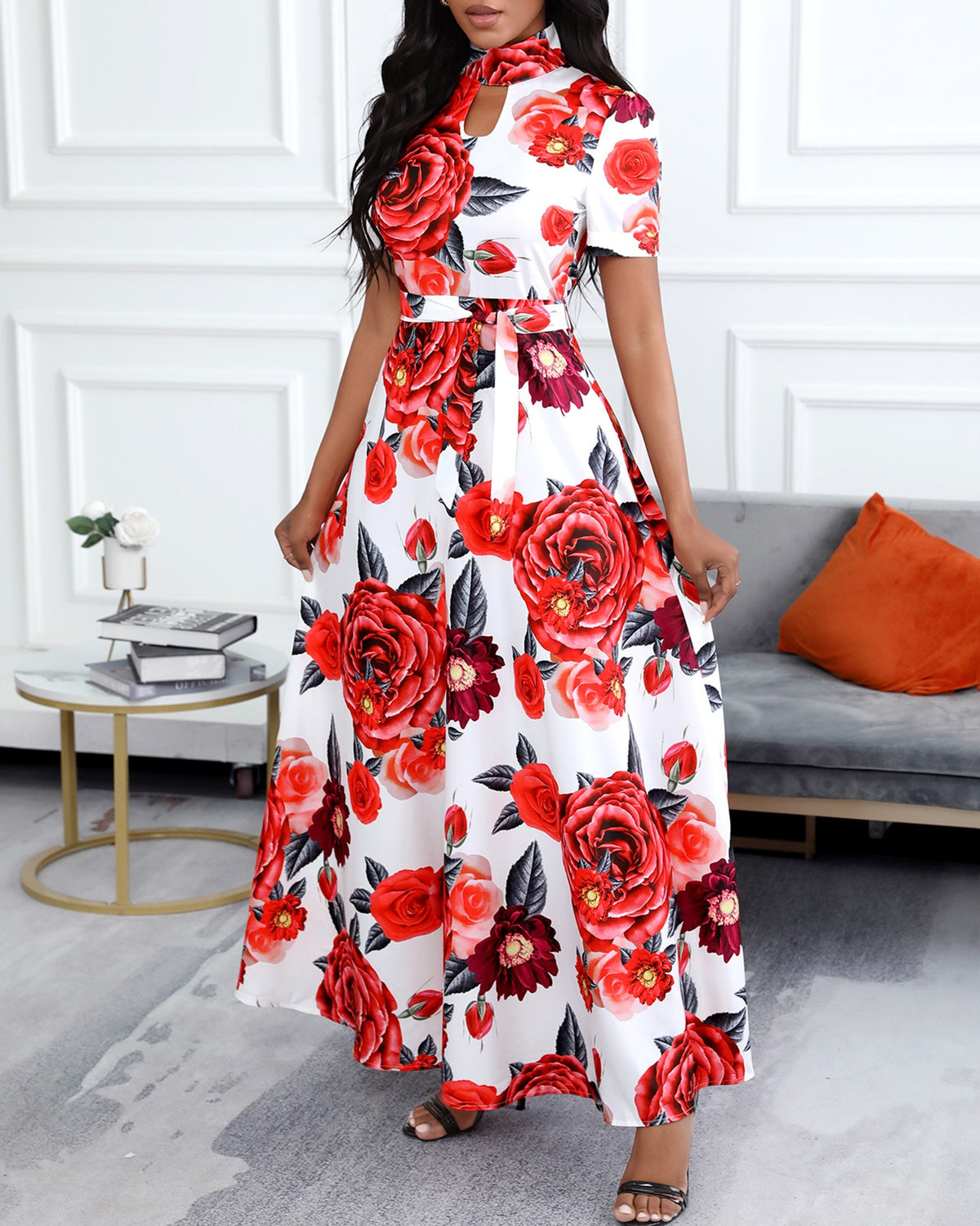 Floral Print Cutout Front Maxi Women Dress
