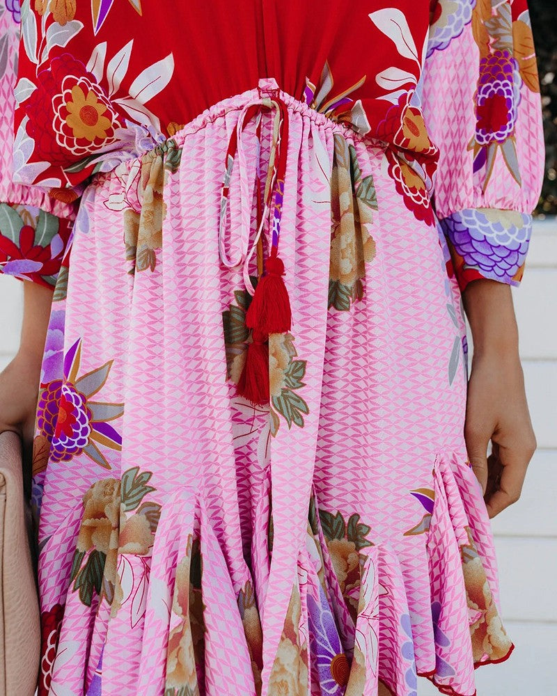 Floral Print Ruffles Hem Lantern Sleeve Casual Dress