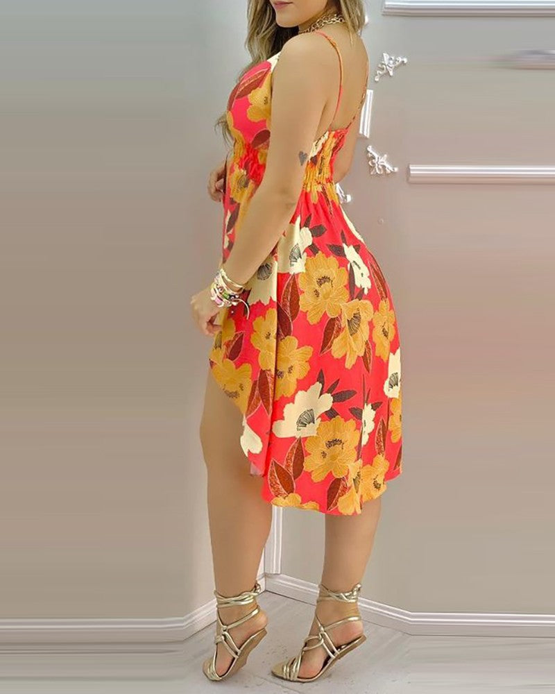 Floral Print Deep V Neck Spaghetti Strap Asymmetrical Dress
