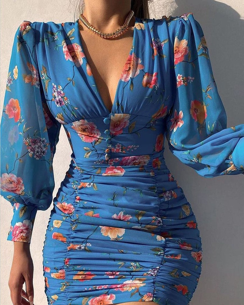 Puff Lantern Sleeve Floral Print Ruched Bodycon Dress