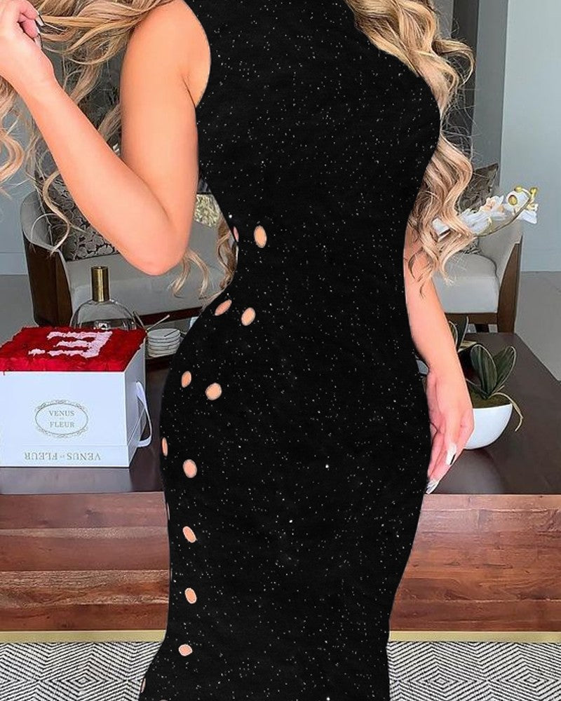 Rib-knit Hollow-out Straight Bodycon Dress